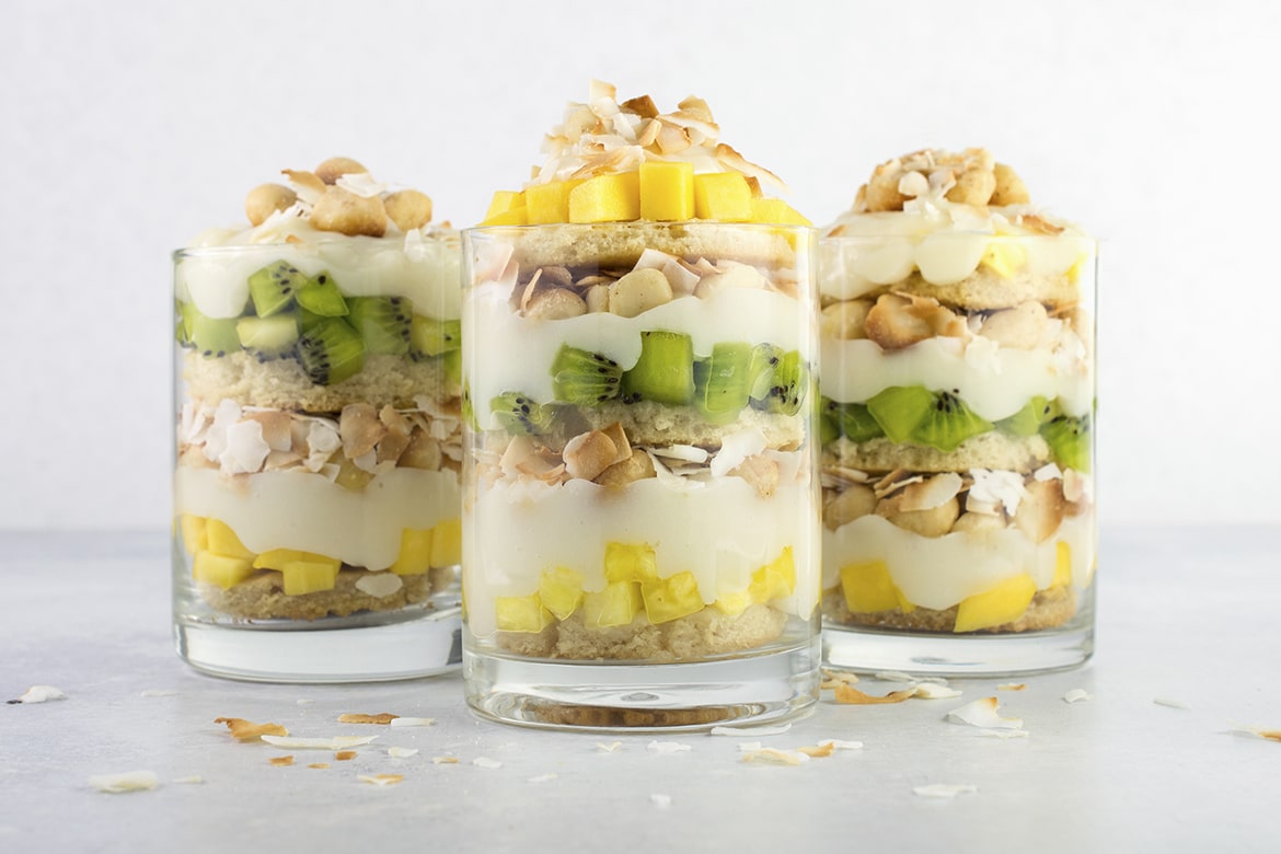 Vegan Tropical Fruit Trifle | A deliciously light and healthy dessert with mango, kiwi, pineapple, and coconut.
