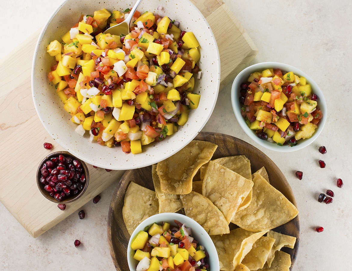 Tropical Fruit Salsa l tropical fruit salsa with mangoes pineapples pomegranates and chips